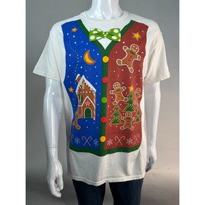Christmas Holiday Gildan Faux Vest Gingerbread TShirt Large White Cotton
